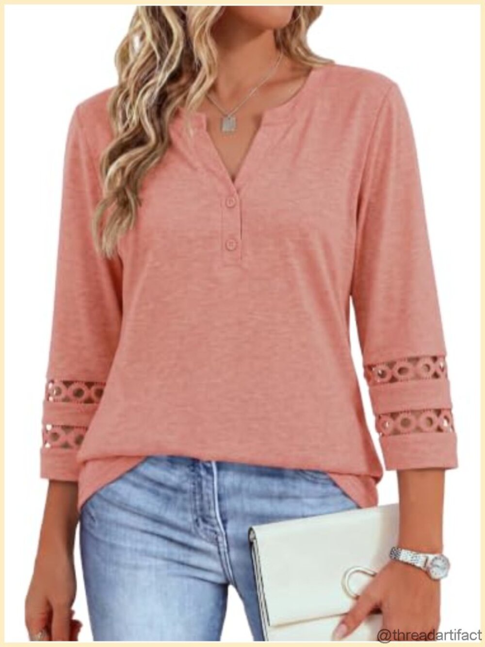 Cuptacc Womens Henley Blouse 3/4 Lace Sleeve Business Casual Tunic